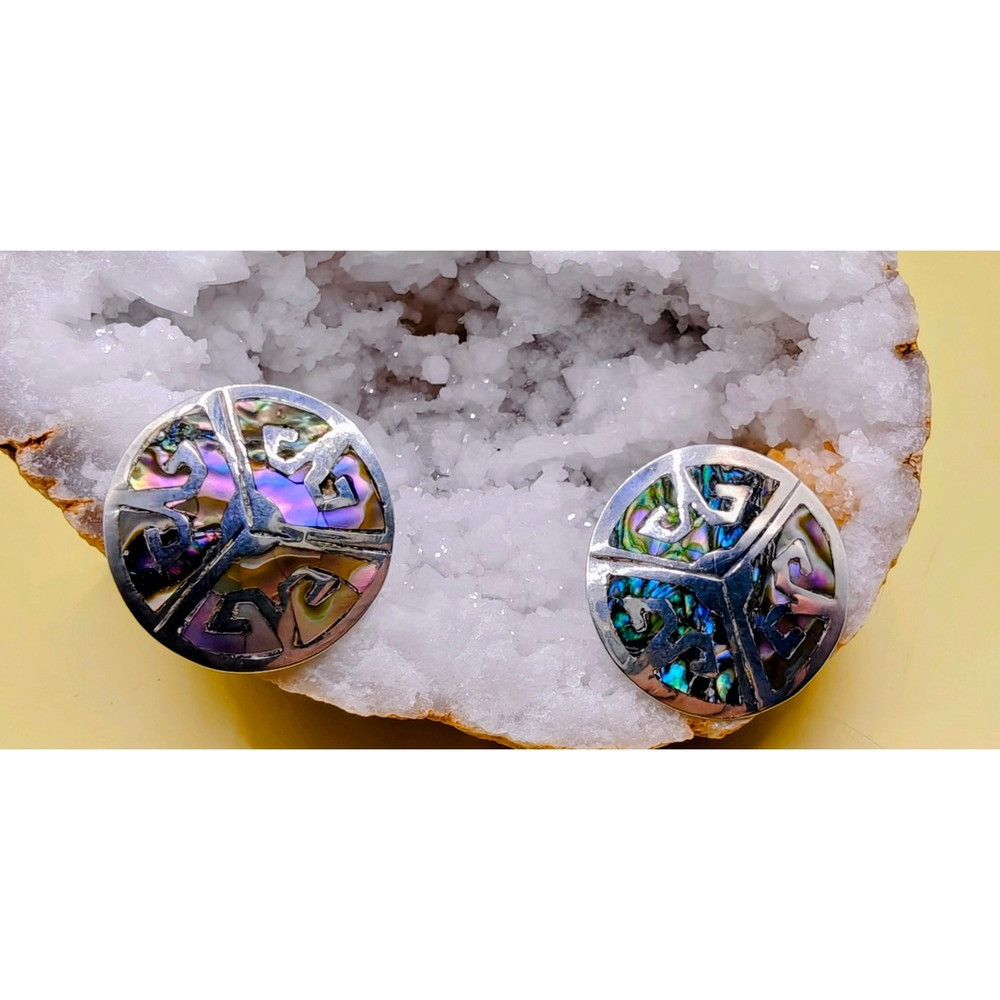 Vintage Taxco Mexico Sterling Silver Abalone Inlay Screw Back Earrings 6.36g